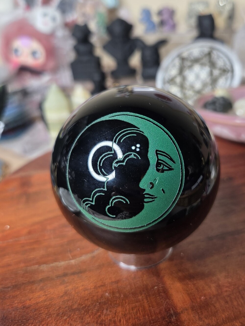 Silver Sheen Obsidian Sphere With Green Moon  ( Repel Negative Energy